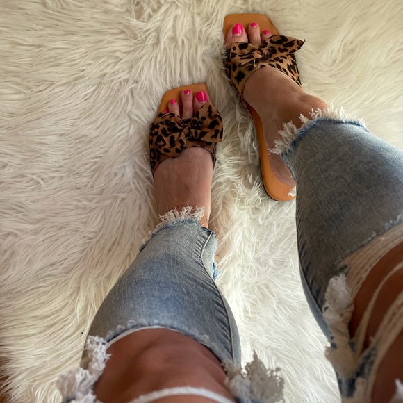 Leopard Bow Square Toe Slide Sandals - Picture 13 of 16